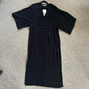 NWT Zara Black Woven Fringe Dolman Sleeve Kaftan Midi Dress